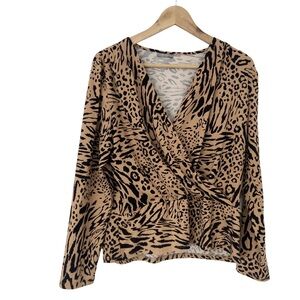 KENAR BLACK BEIGE LEOPARD PRINT WRAP STYLE SURPLICE JERSEY KNIT TOP/BLOUSE, LRG